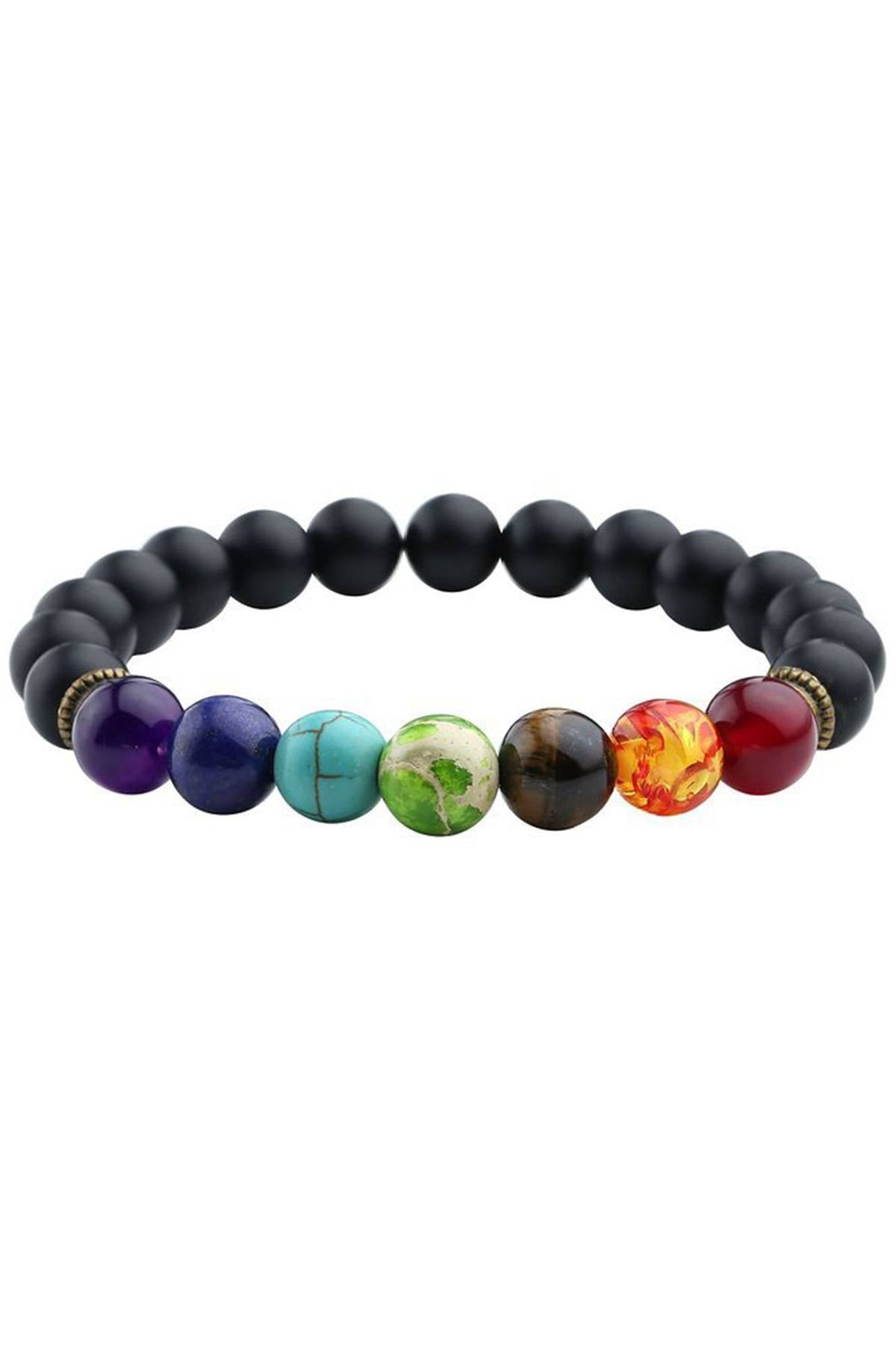 7-Chakra Black Stone Beaded Healing Bracelet