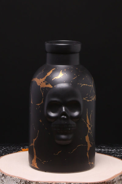 8” Black & Gold Ceramic Skull Vase – Gothic Luxe Décor