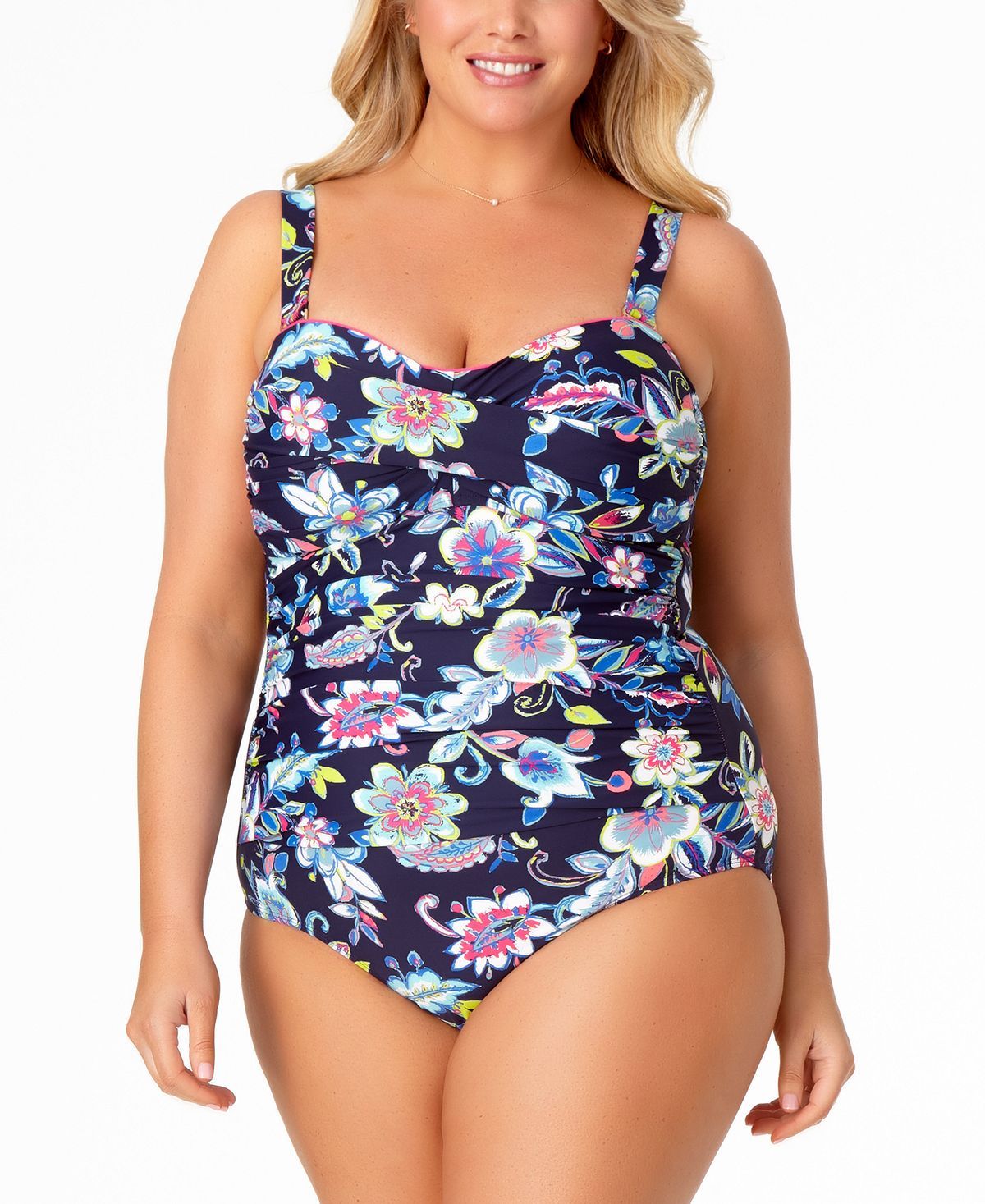 Anne Cole Plus Holiday Paisley Printed Shirred One-piece Swimsuit Holiday Paisley Navy