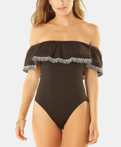 Anne Cole Studio Apple Of My Eyelet Off-the-shoulder One-piece Swimsuit Black