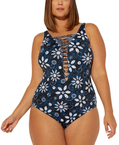 Bleu By Rod Beattie Plus Take A Dip Printed Strappy One-piece Swimsuit Navy Multi