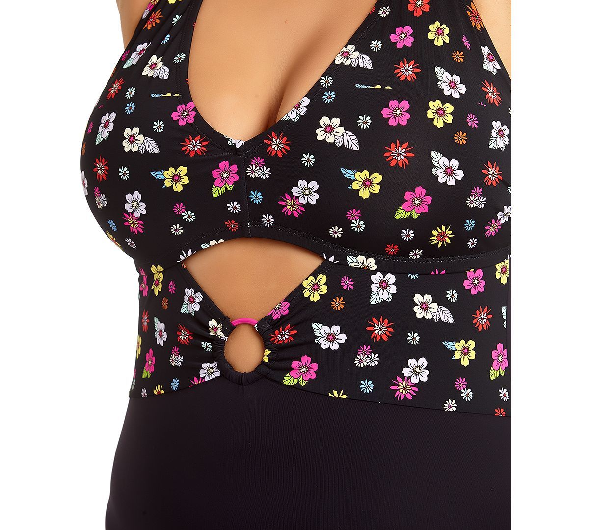 California Waves Trendy Plus Graceful Garden Printed Peekaboo Ring One-piece Swimsuit Graceful Garden