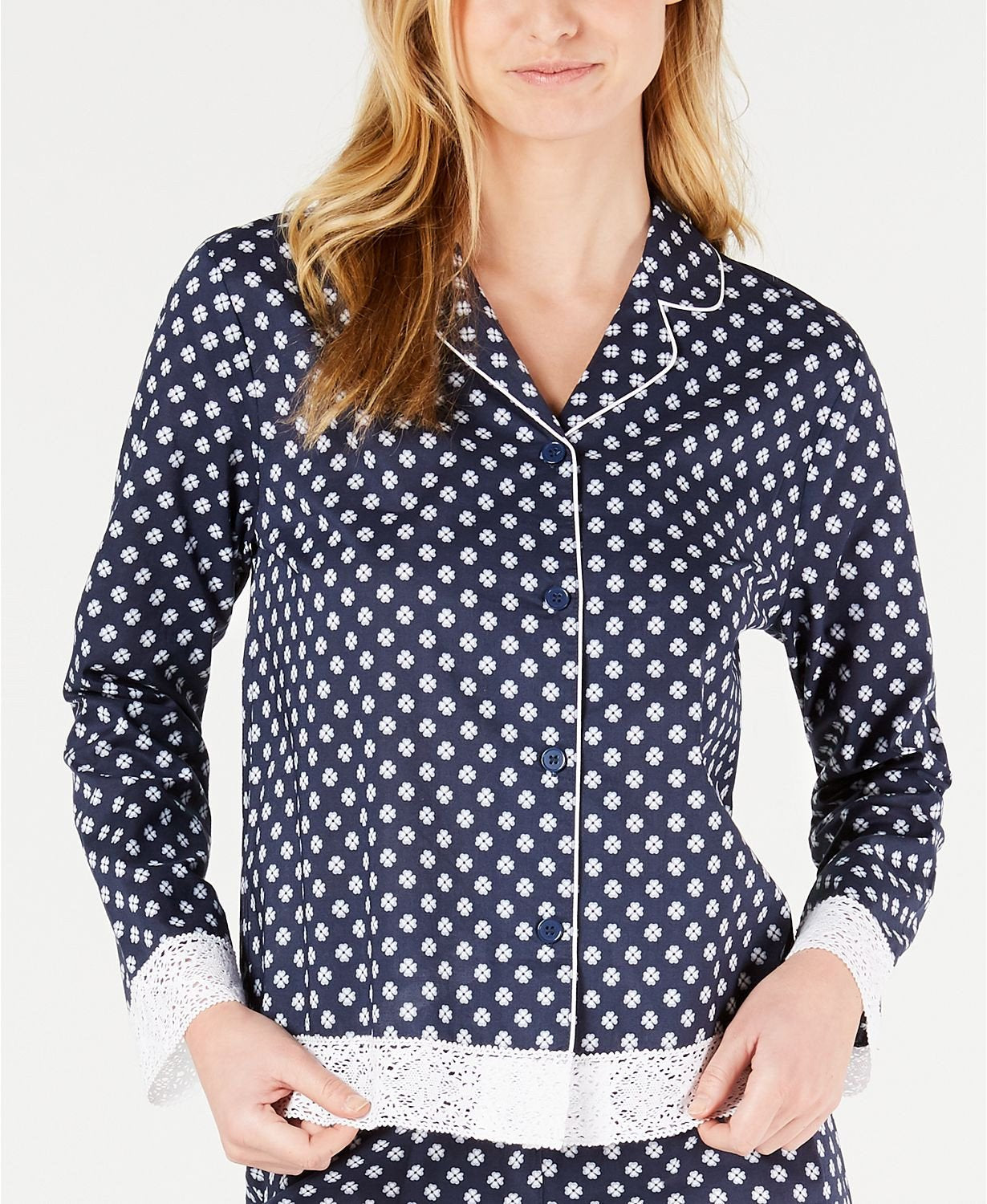 Charter Club Lace Trim Printed Notch Collar Pajama Top in Mini Floral Geo