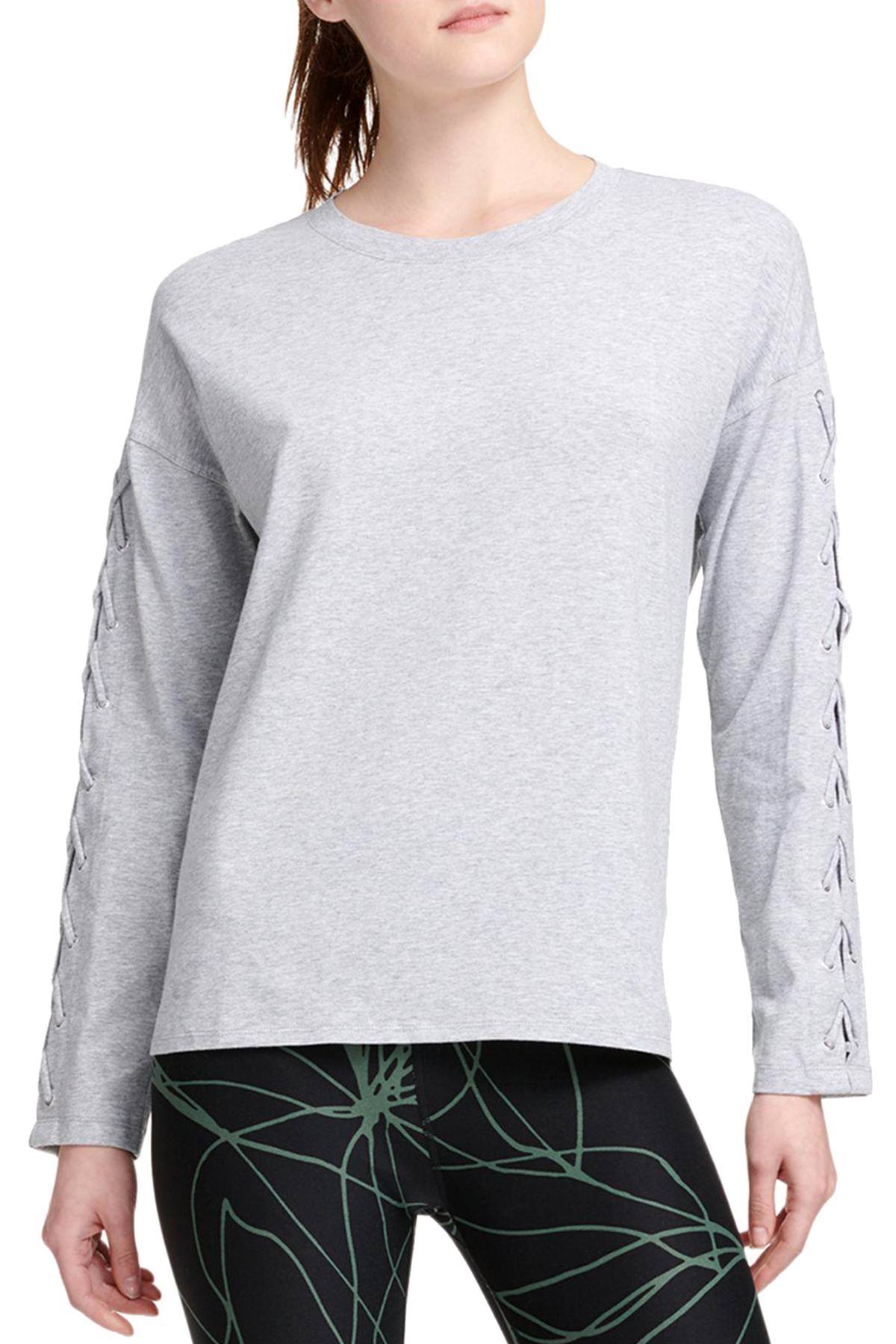 DKNY Sport Pearl Grey Heather Long Lace-Up Sleeves Modal T-Shirt