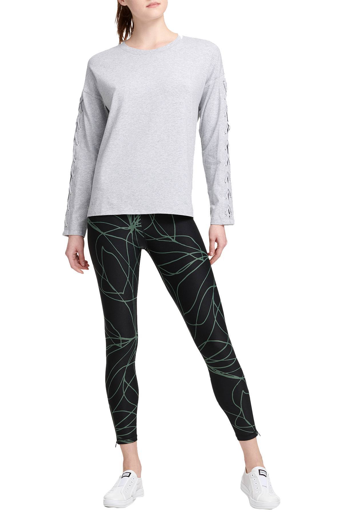DKNY Sport Pearl Grey Heather Long Lace-Up Sleeves Modal T-Shirt