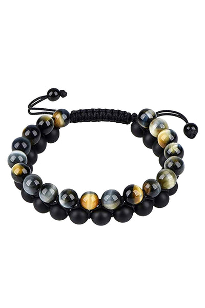 Double-Layer Tigers Eye / Matte Black Onyx Adjustable Healing Bracelet