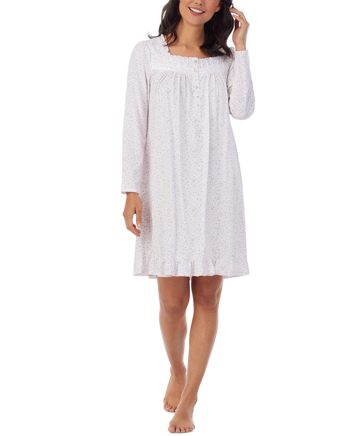 Eileen West Printed Cotton Jersey Long-sleeve Nightgown Pink Garden