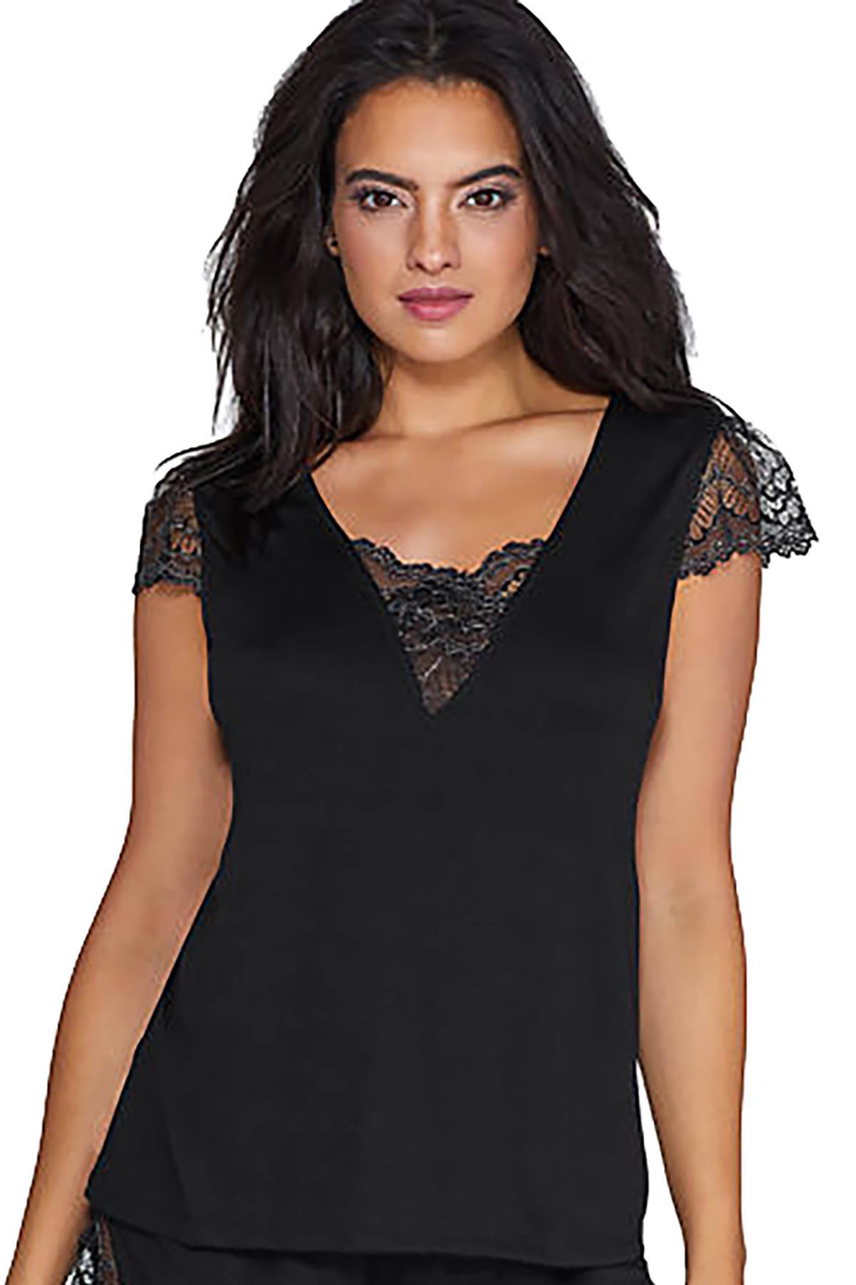 Flora by Flora Nikrooz Black Kat Lace-Trimmed Lounge Tee