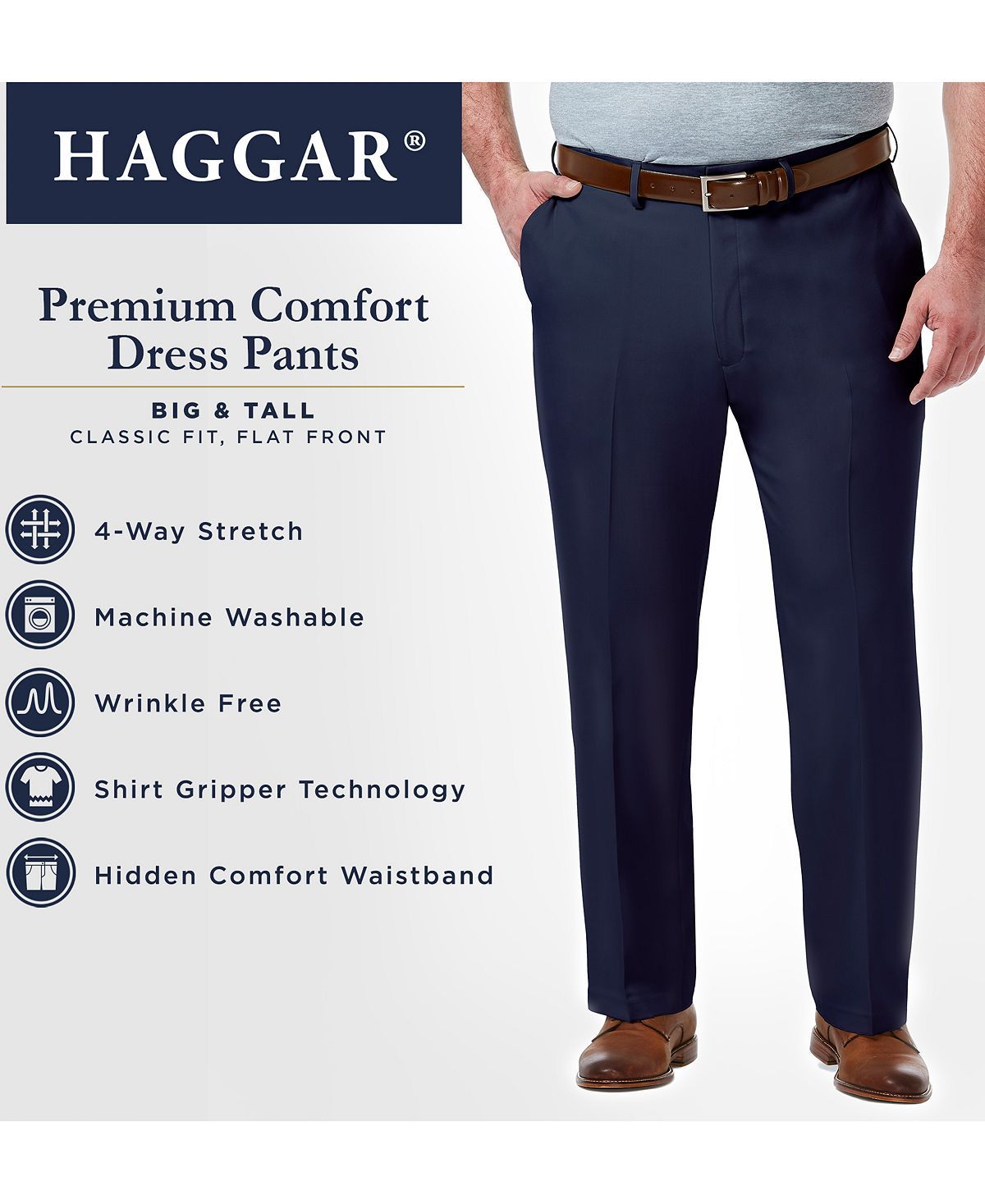 Haggar Big & Tall Premium Comfort Stretch Classic-fit Solid Flat Front Dress Pants Blue
