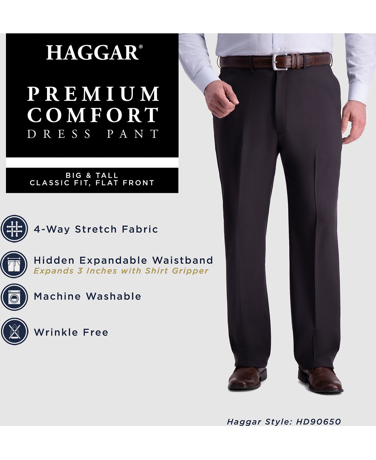Haggar Big & Tall Premium Comfort Stretch Classic-fit Solid Flat Front Dress Pants Blue
