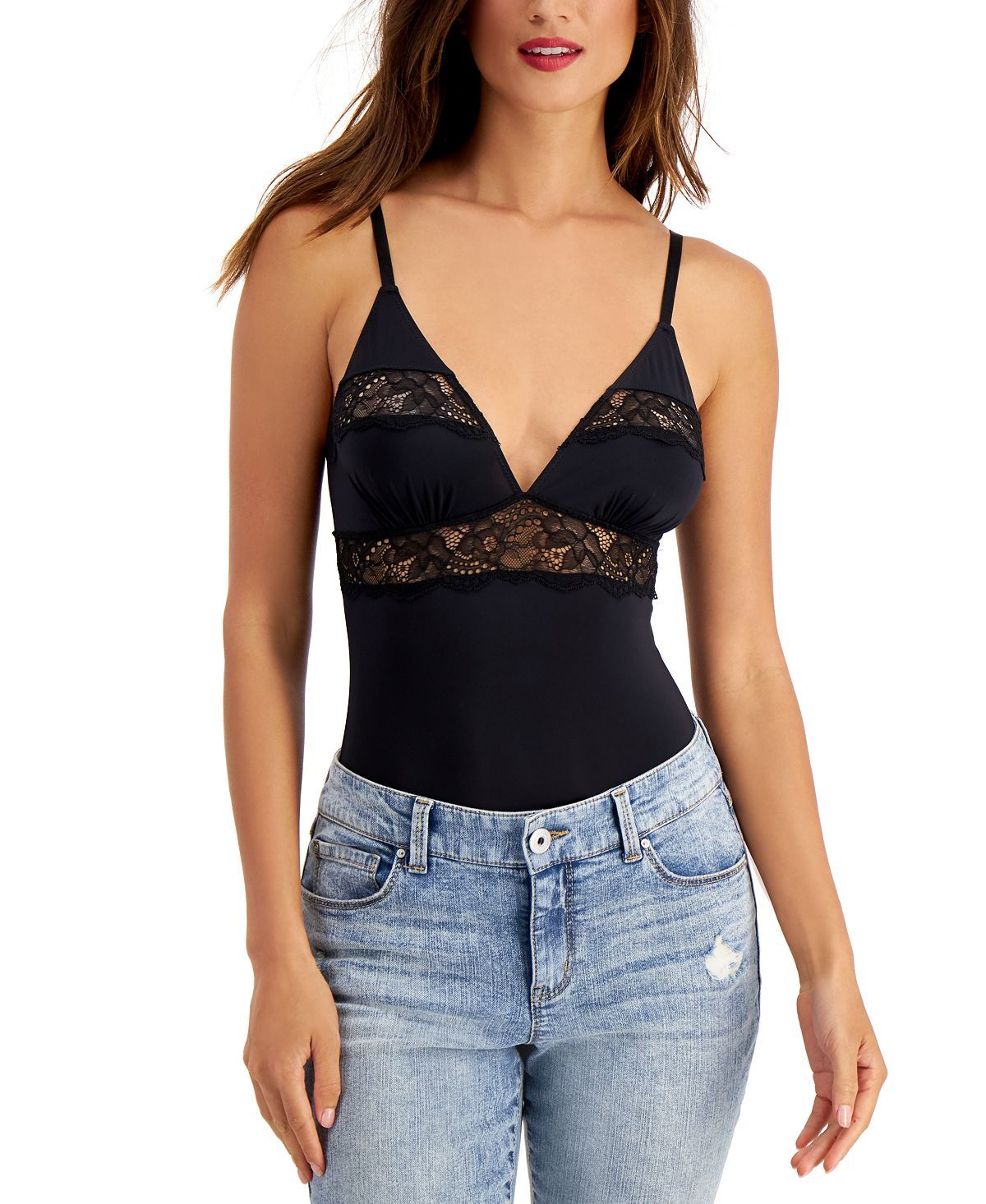 Inc International Concepts Lace Cut Out Thong Bodysuit Deep Black