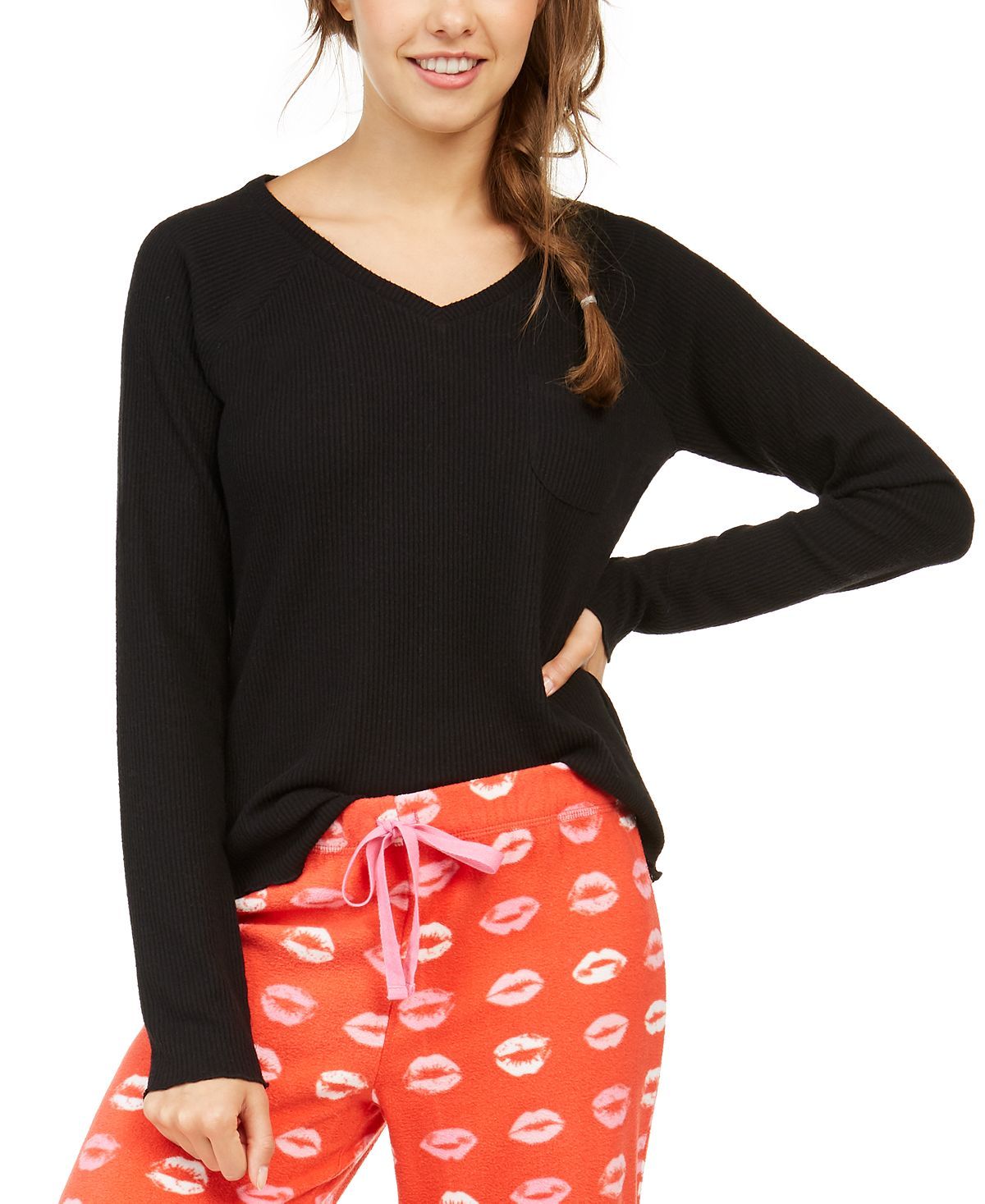 Jenni Wo Ribbed Knit Pajama Top Deep Black
