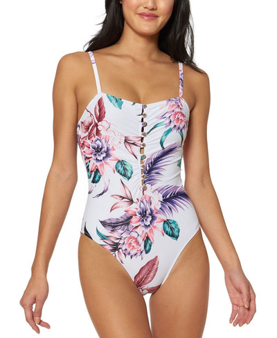 Jessica Simpson Floral-print Button One-piece Swimsuit White Multi