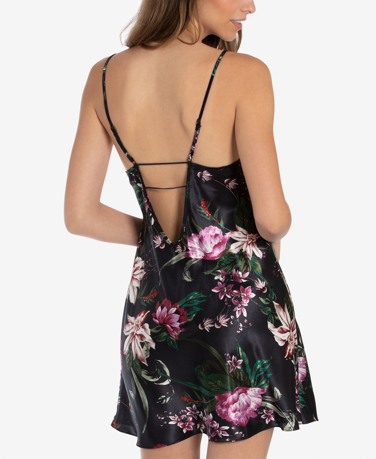 Linea Donatella Tropic Delight Charmeuse Satin Chemise Nightgown Navy