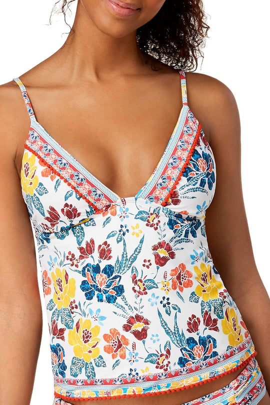 Lucky Brand Las Dalias Pom Pom Tankini Top in Multicolor