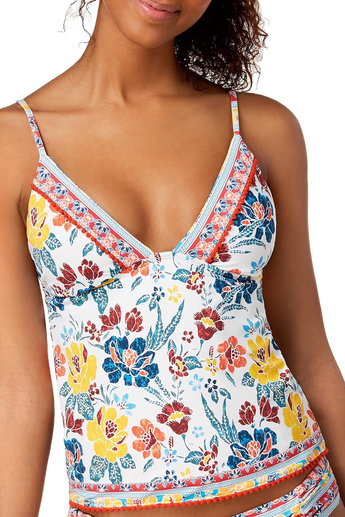 Lucky Brand Las Dalias Pom Pom Tankini Top in Multicolor