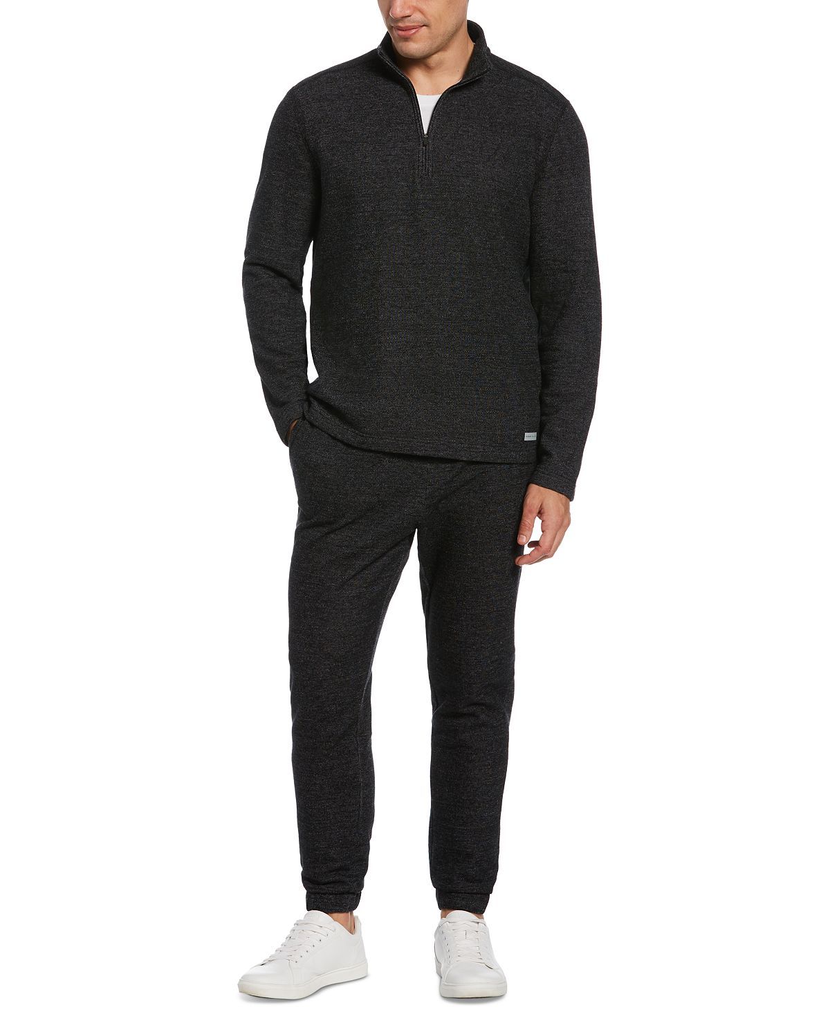 Perry Ellis Portfolio Portfolio Heathered Textured Knit Quarter-zip Black