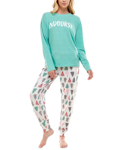 Roudelain Holiday Sweatshirt & Jogger Pants Pajama Set Spacedye Dusty Jade/White