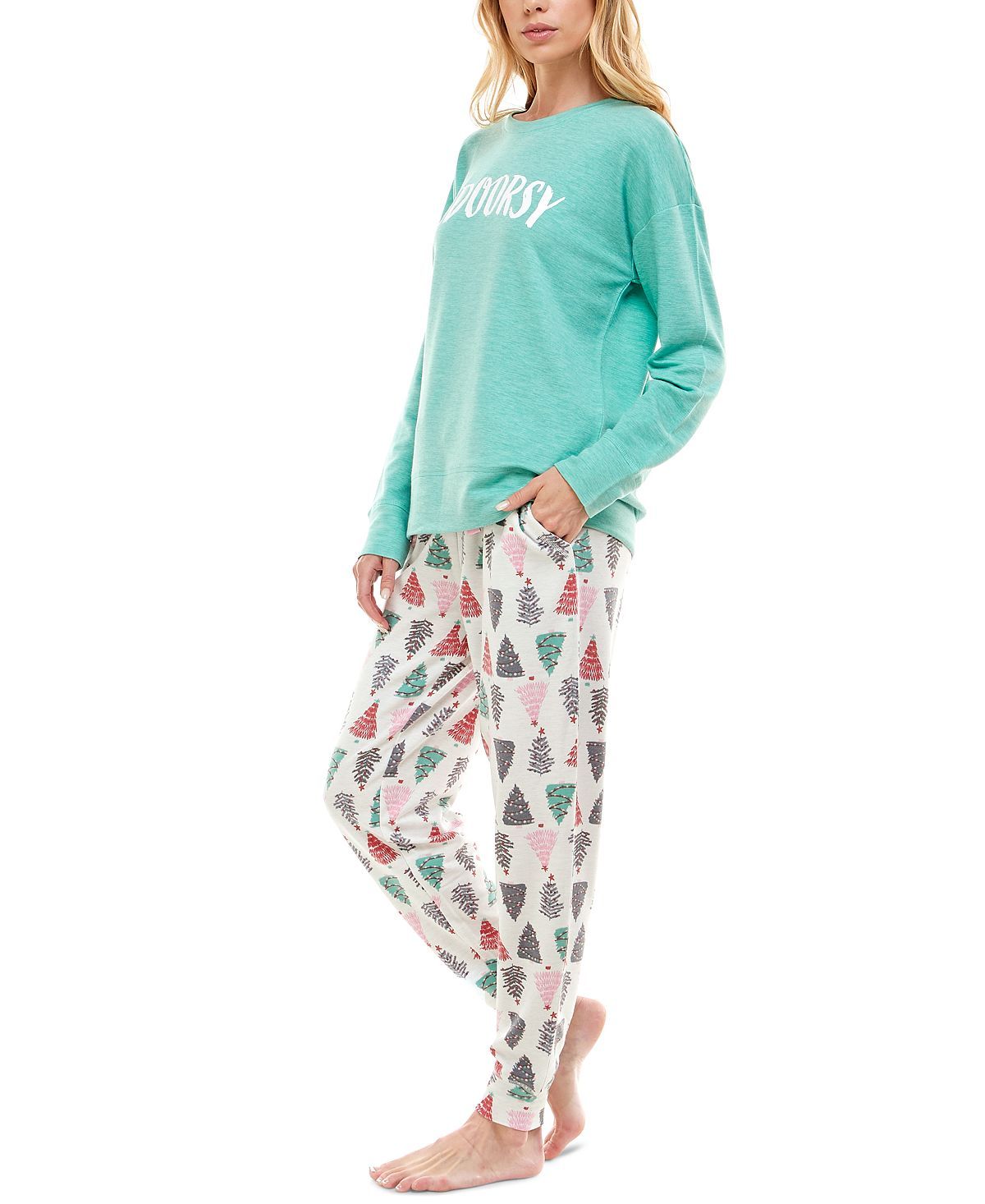Roudelain Holiday Sweatshirt & Jogger Pants Pajama Set Spacedye Dusty Jade/White
