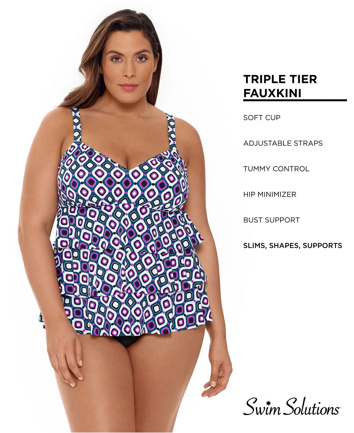 Swim Solutions Plus Jewels Printed Tiered Tummy Control Fauxkini One-piece Swimsuit Jewels