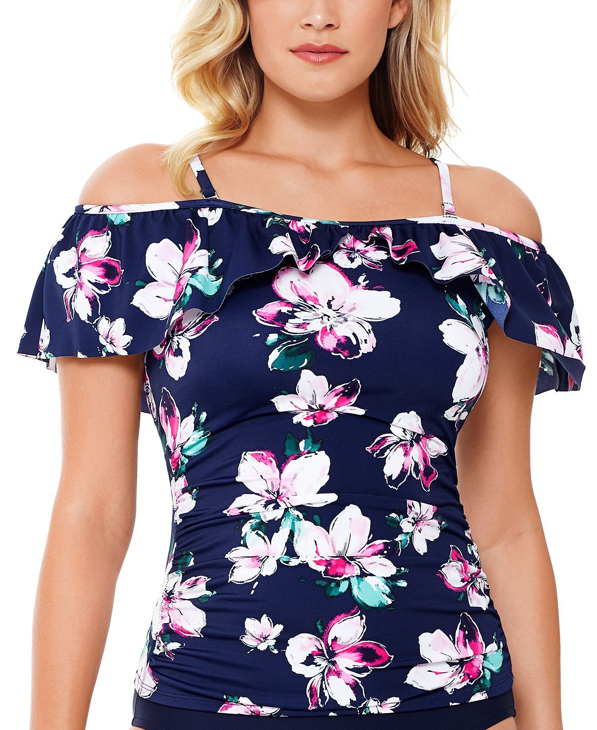 Swim Solutions Status Printed Off-the-shoulder Tankini Top Status Floral Navy
