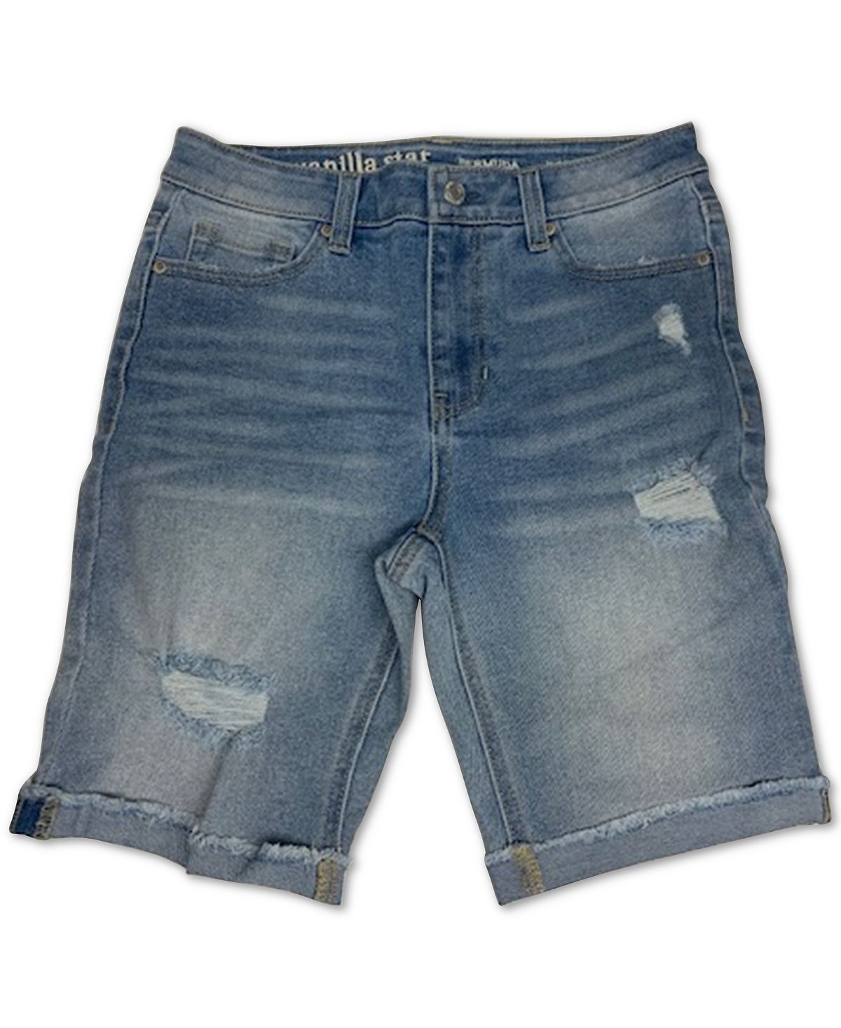 Vanilla Star Juniors' High Rise Distressed Cotton Denim Bermuda Shorts Dark Blue