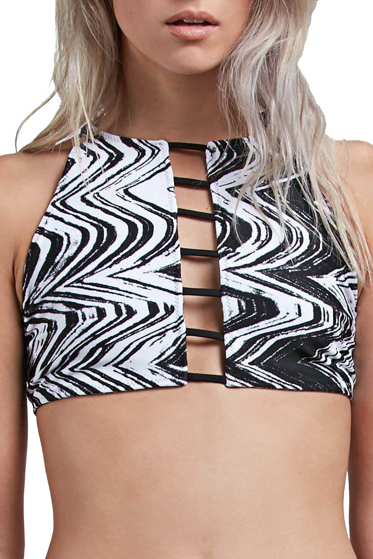 Volcom Black/White Stay Tuned Printed Reversible High Neck Crop Bikini Top