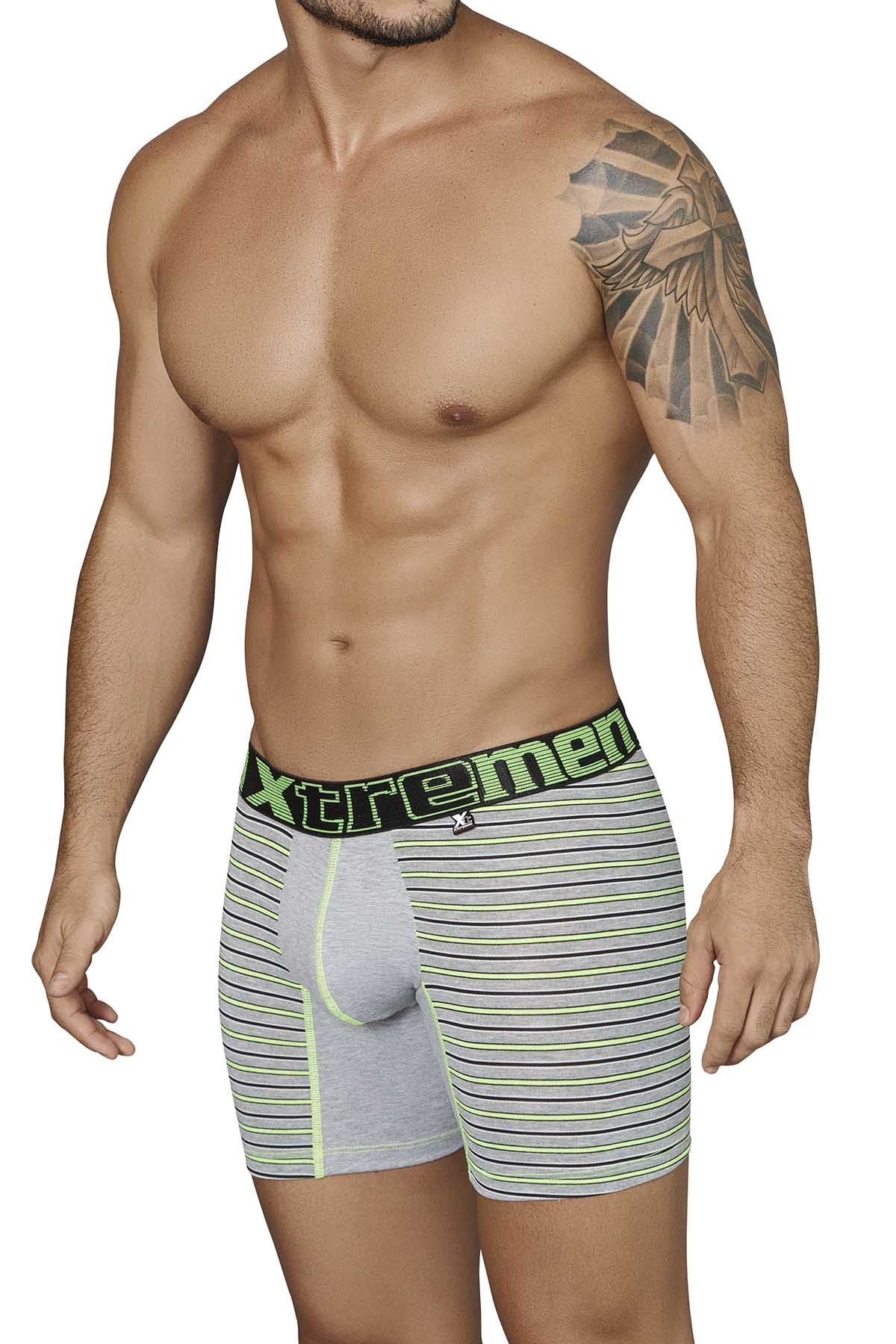 XTREMEN Lime/Grey/Black Striped-Panel Cotton Boxer Brief