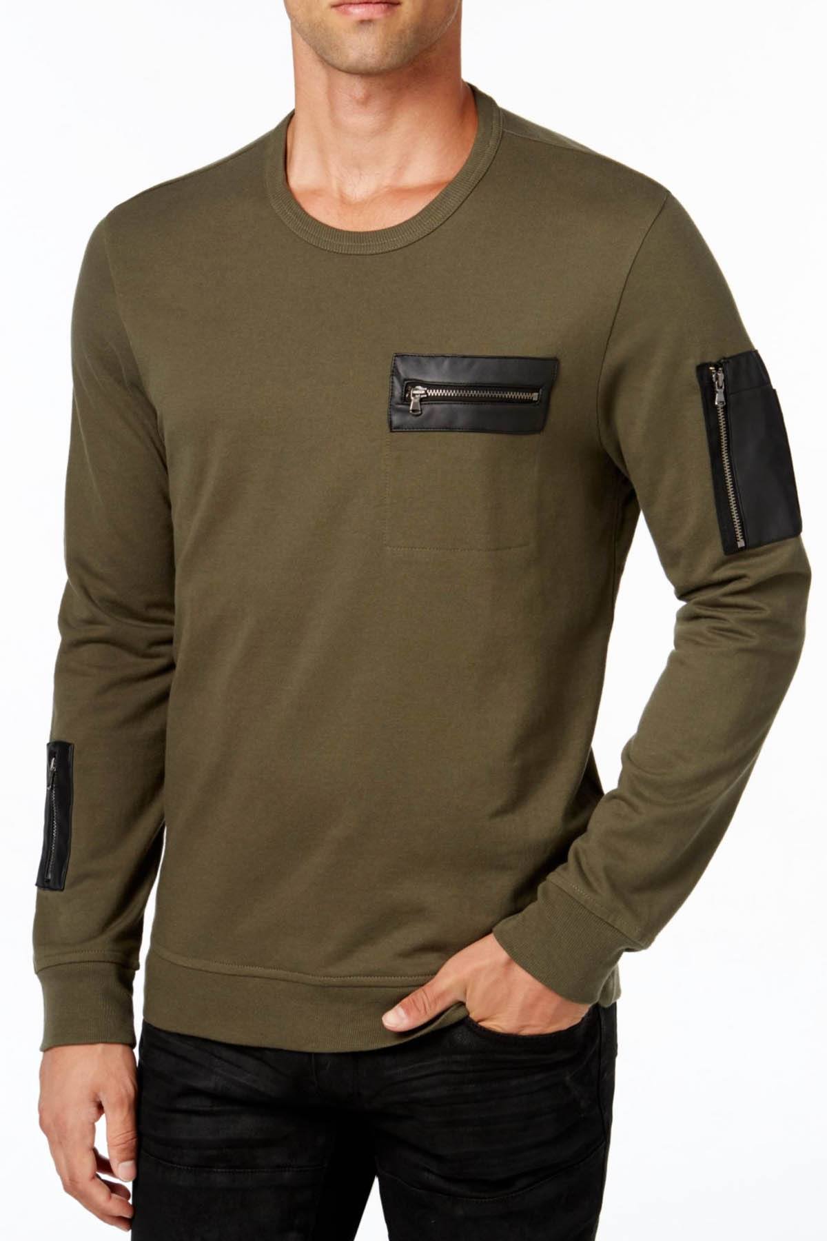 INC International Concepts Green-Tea Faux-Leather-Trim Crewneck Sweater