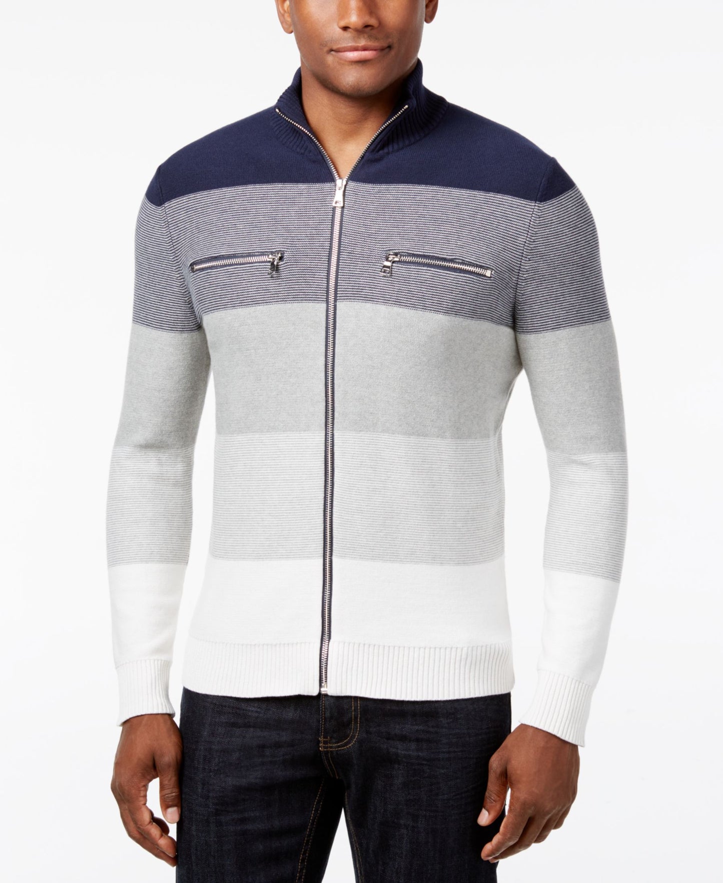 INC International Concepts Copperfield Striped Zip-Front Sweater Medium