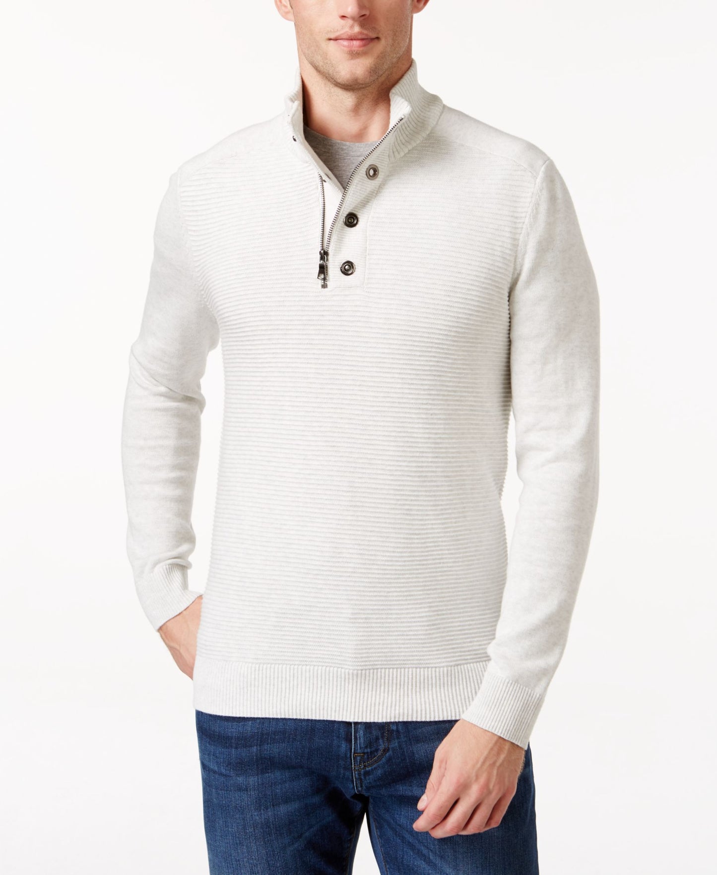 INC International Concepts Bankman Quarter-Zip Eyelet Sweater Large