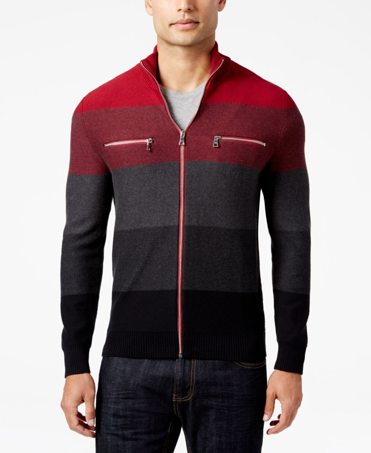INC International Concepts Copperfield Striped Zip-Front Sweater Large