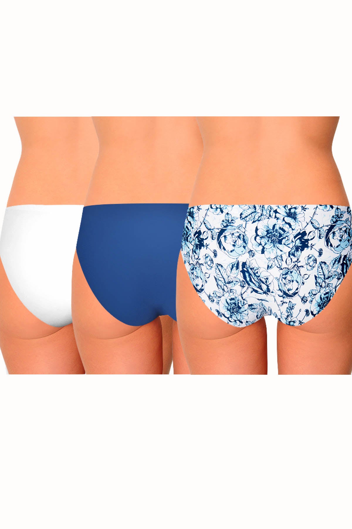 AQS 3Pk Blue Flowers Laser Cut Bikini Brief