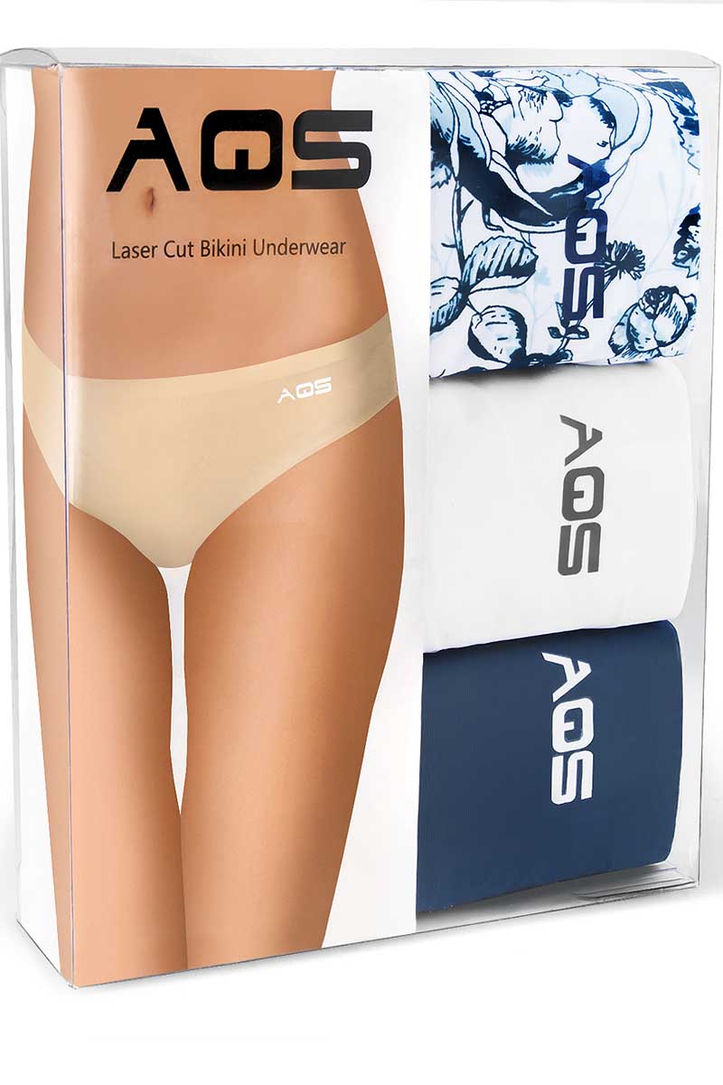 AQS 3Pk Blue Flowers Laser Cut Bikini Brief