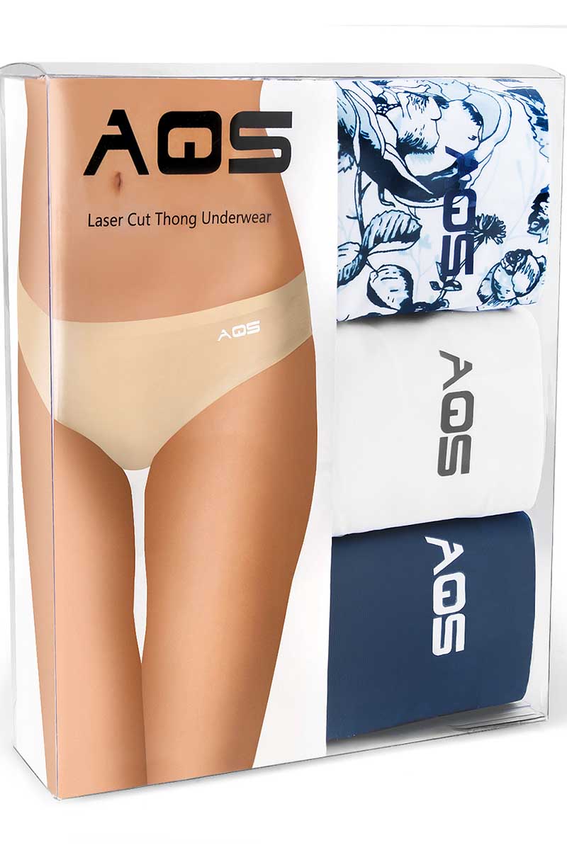 AQS 3Pk Blue Flowers Laser Cut Thong