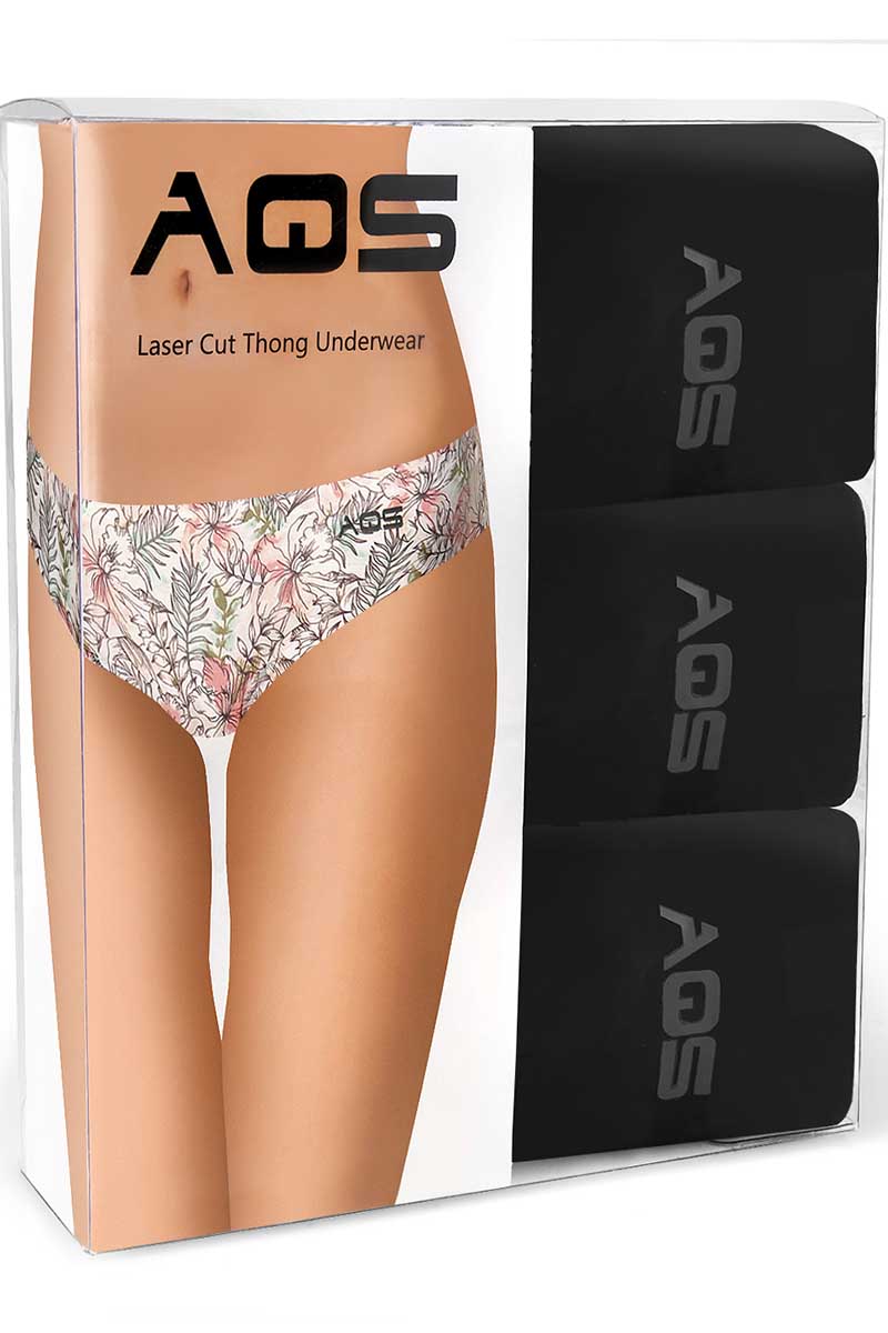 AQS 3Pk Tropical Black Laser Cut Thong