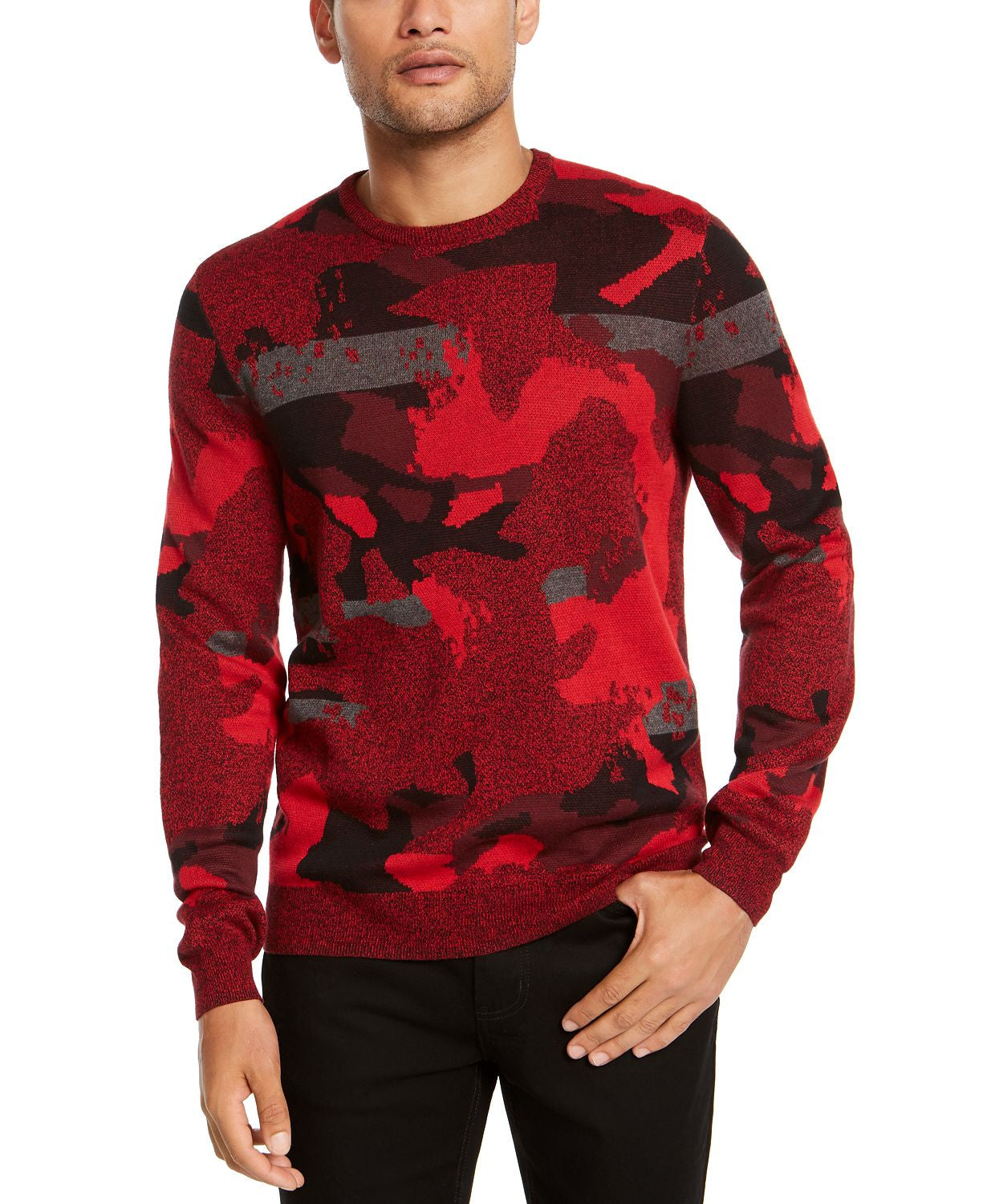 Alfani Abstract Jacquard Crewneck Sweater Cherry Candy