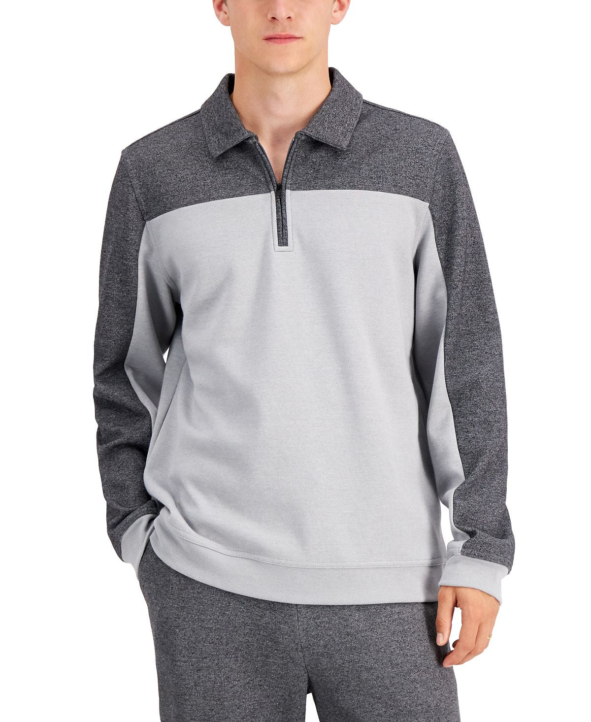 Alfani Regular-fit Colorblocked 1/4-zip Sweatshirt Casual Grey Hth