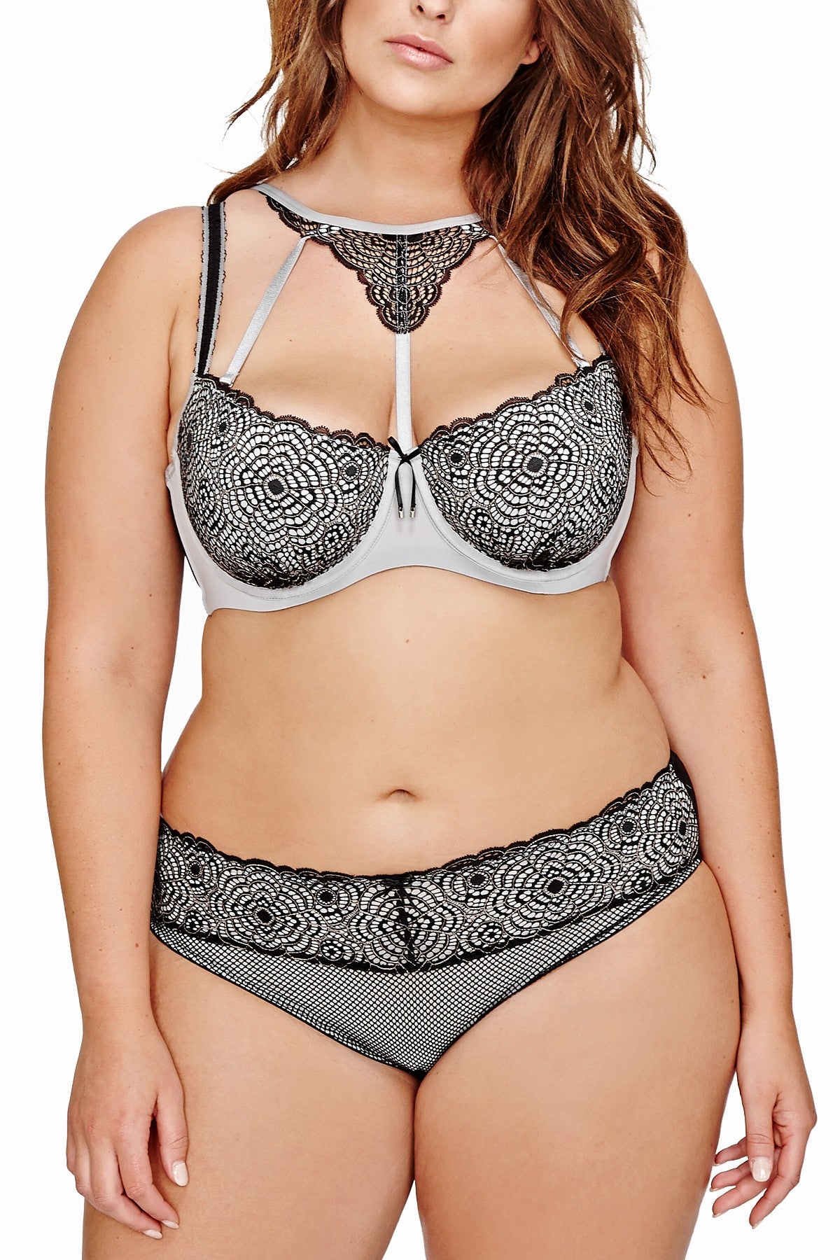 Ashley Graham PLUS Black/Silver-Rain Diva Lace Underwire Demi Bra