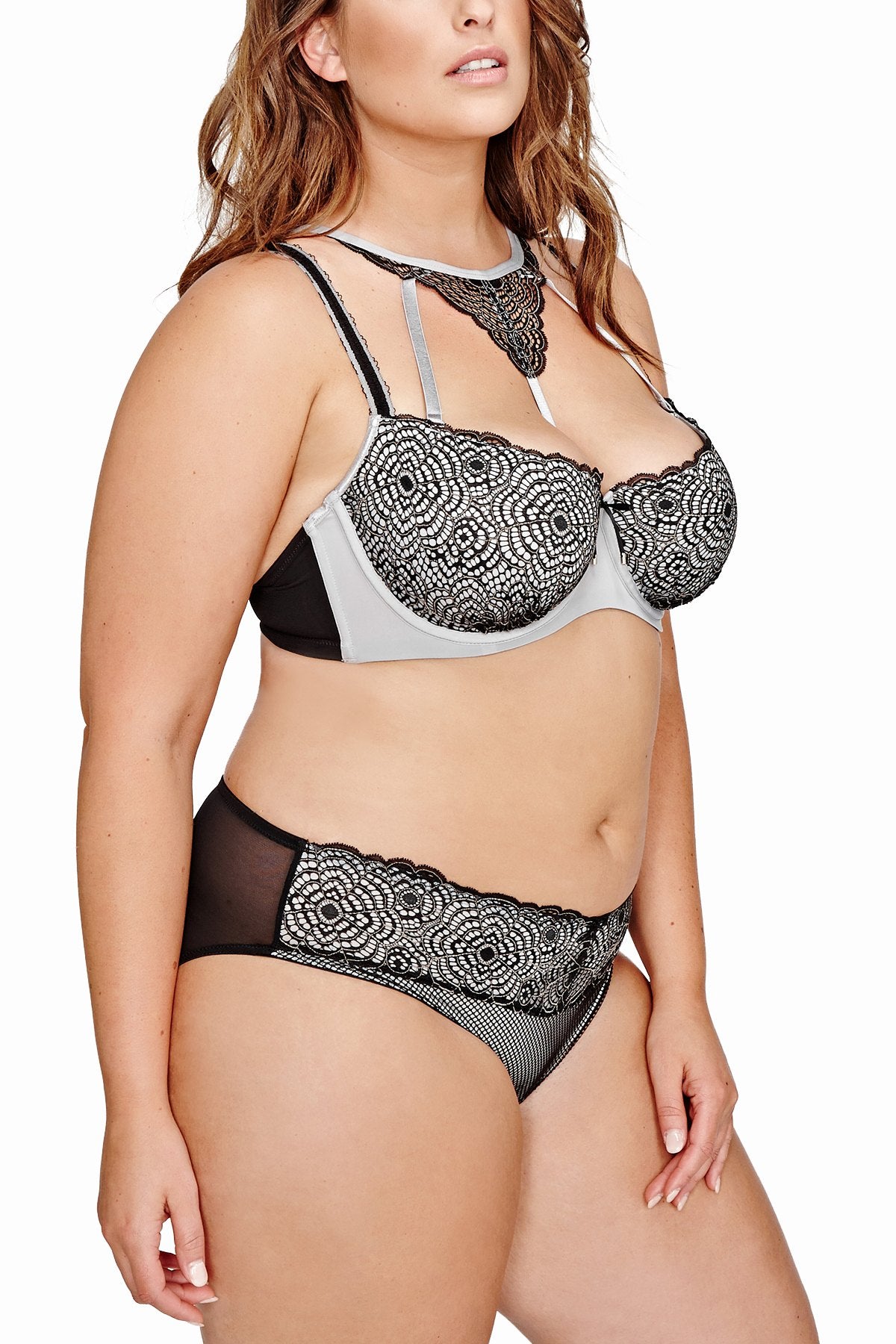 Ashley Graham PLUS Black/Silver-Rain Diva Lace Underwire Demi Bra