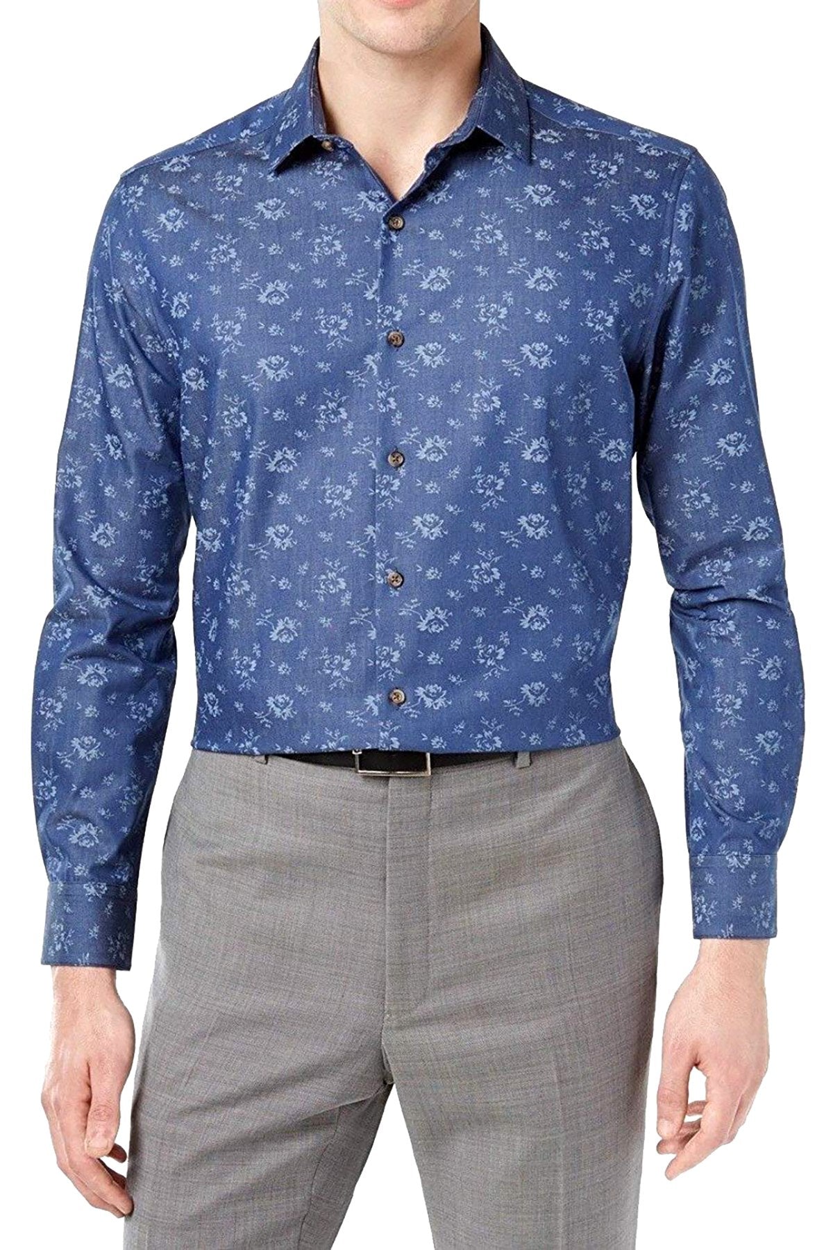 BAR III Denim Wildflower-Printed Slim-Fit Stretch Dress Shirt