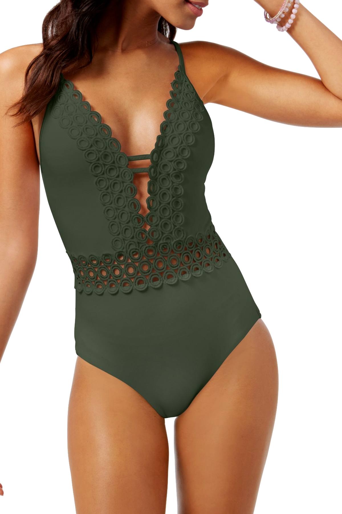 BECCA by Rebecca Virtue Bayleaf-Green Siren Plunging One-Piece Swimsuit