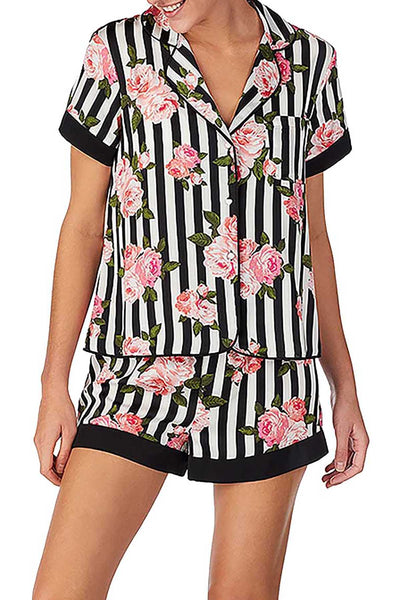 Betsey Johnson Floral Stripe Satin Notch Collar Top/Shorts PJ Set