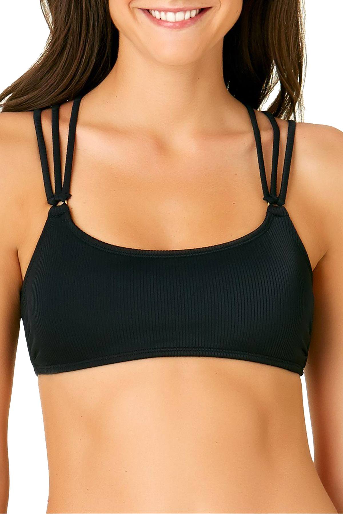 California Waves Ribbed Strappy Back Bralette Bikini Top in Black