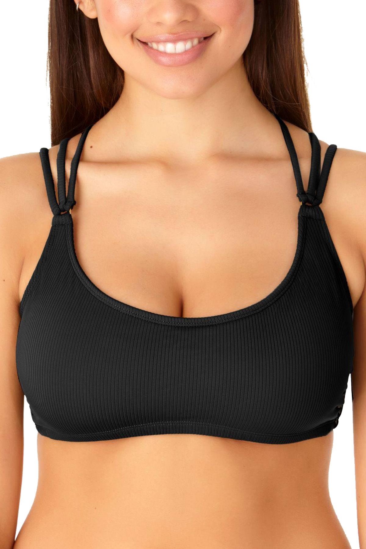 California Waves Ribbed Strappy Back Bralette Bikini Top in Black