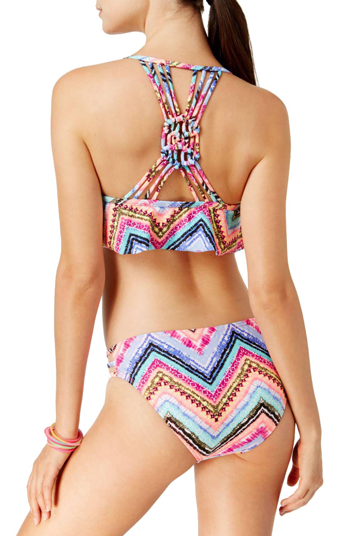 California Waves Under The Sun Printed Strappy Bikini Bottom in Multicolor