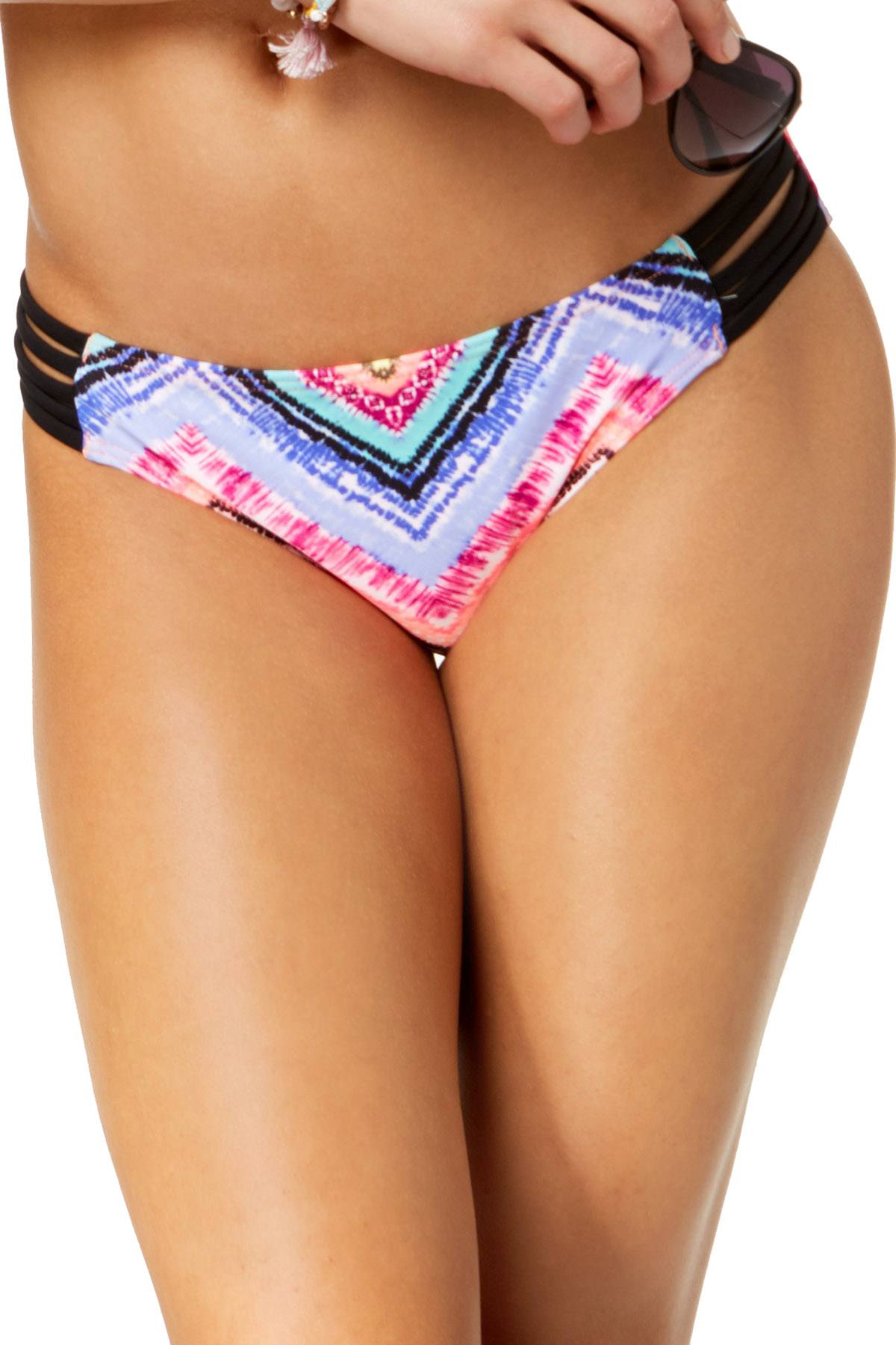 California Waves Under The Sun Printed Strappy Bikini Bottom in Multicolor