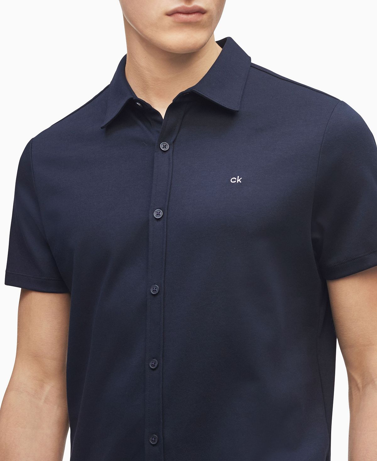 Calvin Klein Knit Button-down Short Sleeve Shirt Sky Captain