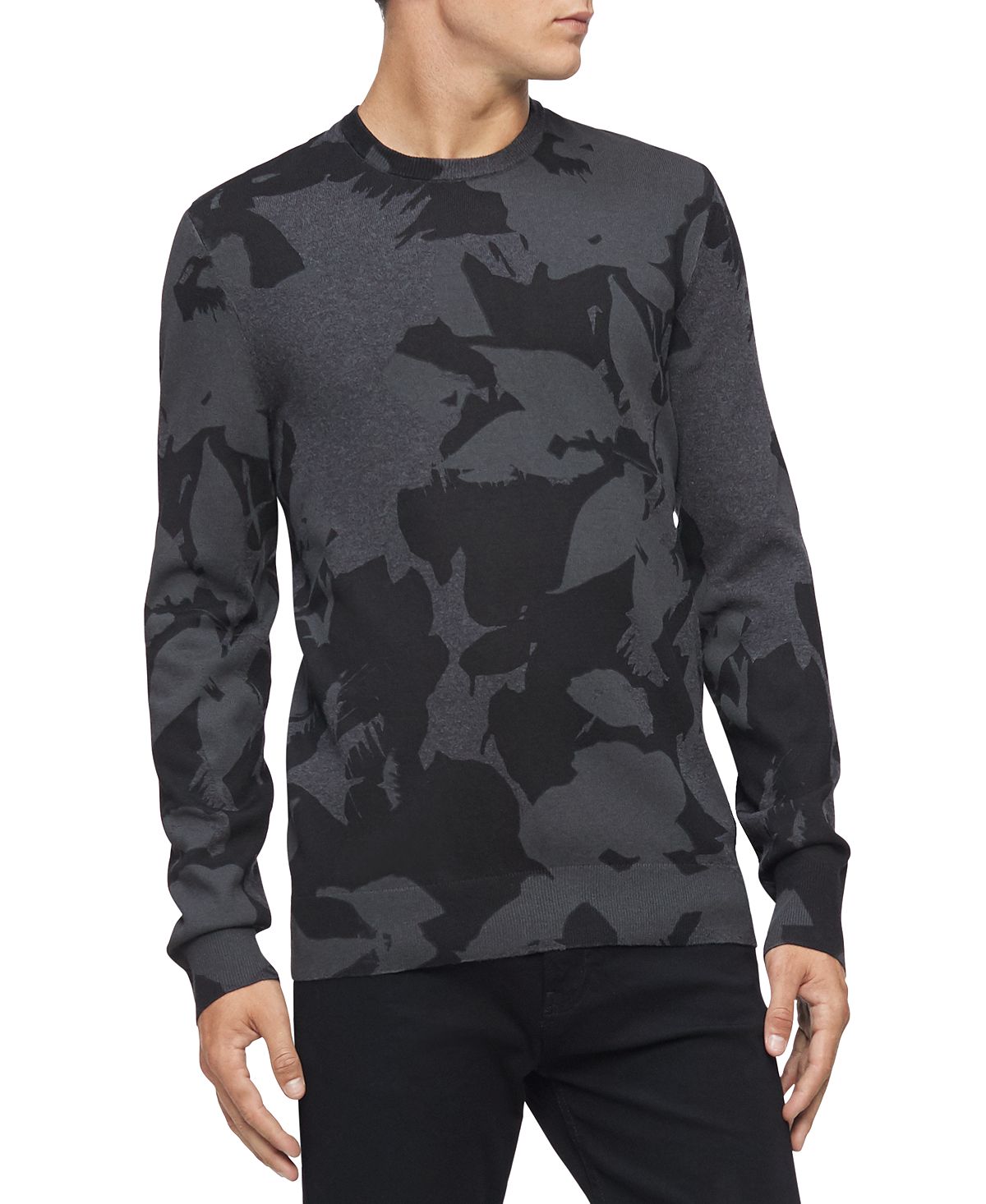 Calvin Klein Regular-fit Textured Floral Jacquard Sweater Gunmetal Gray Heather