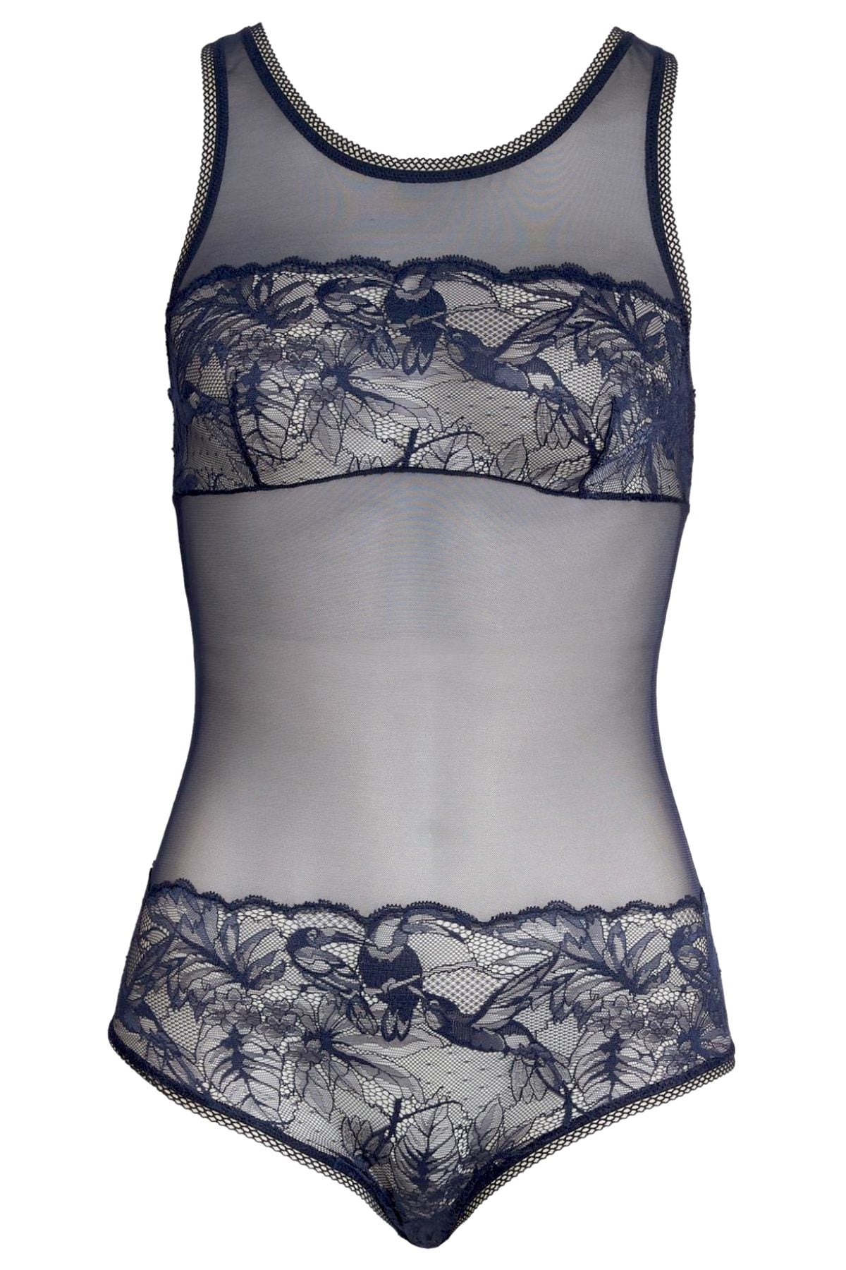 Calvin Klein Sleepwear Shoreline-Blue Sheer Bird-Lace Bodysuit